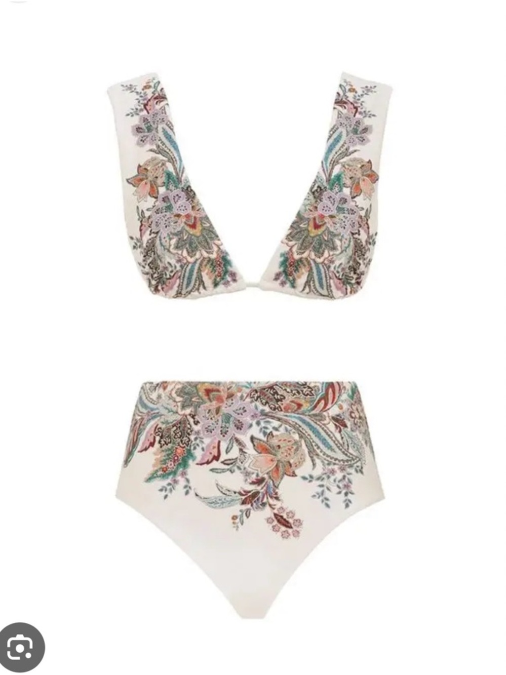 Zimmermann White Floral Print Plunge Bikini with Multicolor Paisley Embroidery